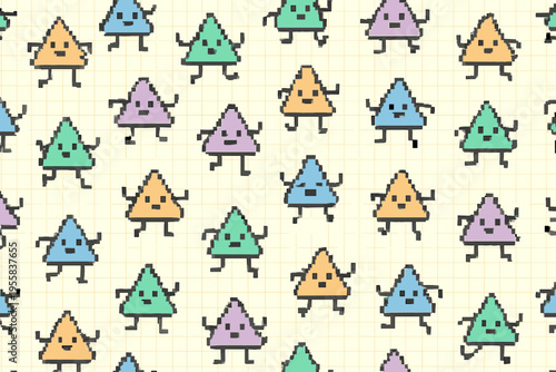 Colorful triangles dance in a playful pattern on a light background