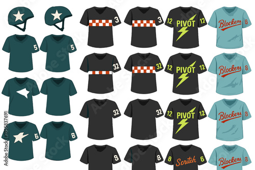 Various designs of roller derby uniforms and helmets arranged in a pattern across the layout of the display