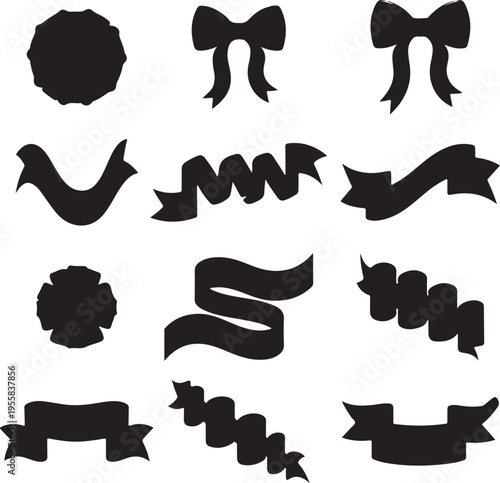 Collection of black silhouette shapes of ribbons and bows
