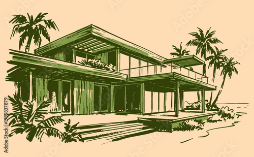 Tropical dream villa. Exotic beach club lifestyle. Modern architectural sketch. Summer vibes artwork, poster design.