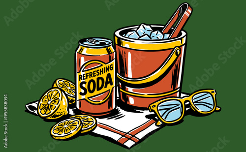 Summer vibes refreshing soda club artwork. Ice bucket and citrus drink graphic for t-shirt print, poster, sticker, and vector illustration.