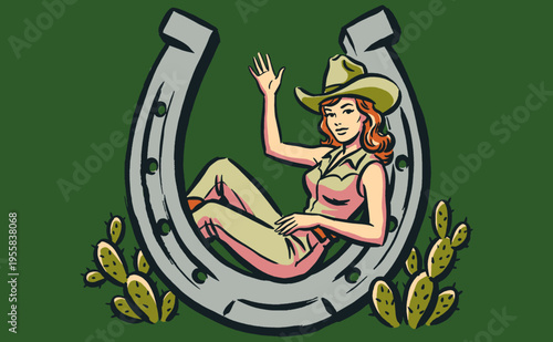 Western Soul. Vintage cowgirl pin-up art. Horseshoe lucky charm graphic for t-shirt design, poster, sticker, and western lifestyle branding.