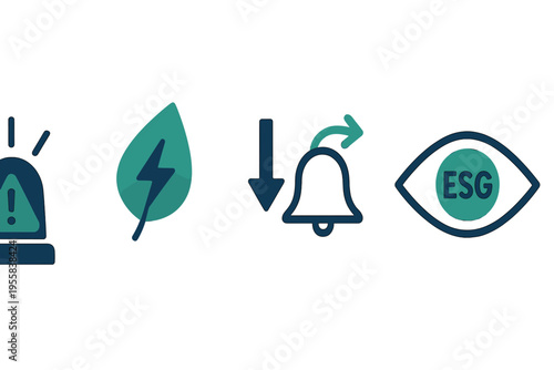 Icons representing alerts, sustainability, notifications, and ESG concepts in a simple design used for digital platforms