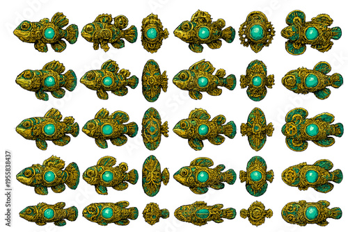 Different designs of fish made from metal with turquoise details found in an art display setting