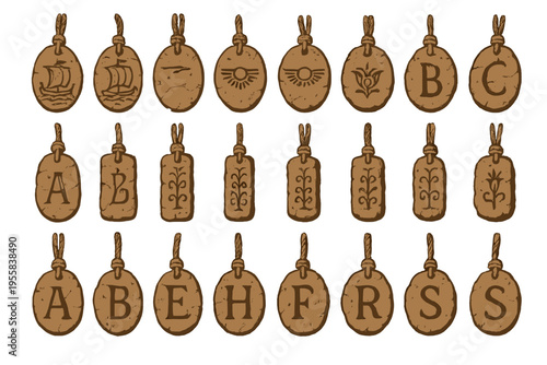 Clay tokens with various symbols and letters displayed in a grid on a white background
