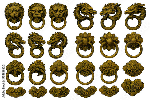 Different designs of decorative door knockers featuring dragons and lions displayed in a grid, showcasing various styles and details for selection