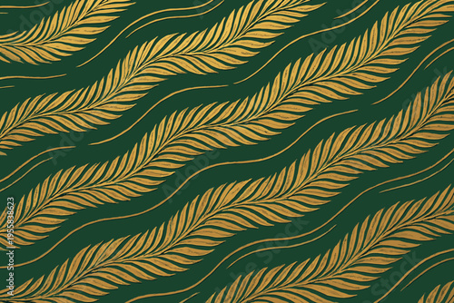Design of wavy golden leaf patterns on a dark green background showing textile art inspirations for modern decor ideas