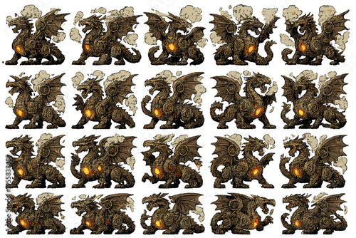 Various dragon designs in a steampunk style showing different poses and actions in a creative setting