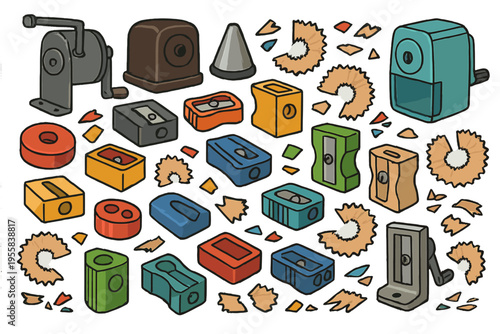 Collection of colorful pencil sharpeners and wood shavings arranged on a white background showing different designs and shapes