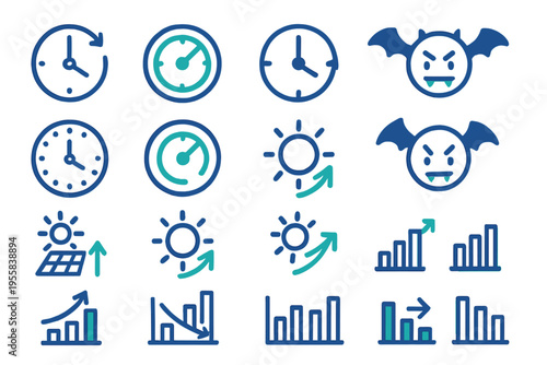 Icons showing time, weather, and data trends with clocks, sun, bats, and graphs displayed in organized rows