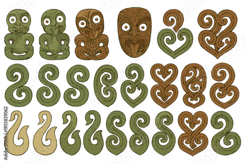 Collection of carved Maori designs and symbols on a plain background showing cultural art forms from New Zealand