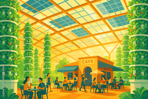 People enjoy drinks and food in a sunny cafe with vertical gardens in a greenhouse setting during the afternoon