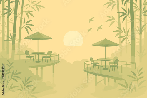 Sunrise over two decks with tables and chairs surrounded by bamboo and mist in a calm forest setting