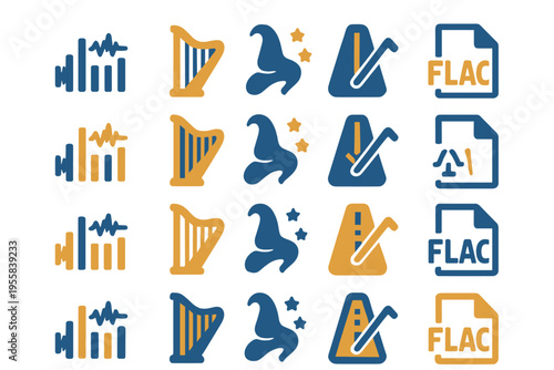 Icons that show sound waves, musical instruments, and file types used in music production and audio recording