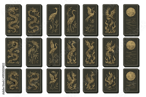 Game pieces are arranged on a table in a simple design showing dragons and birds with a sun and water pattern around them