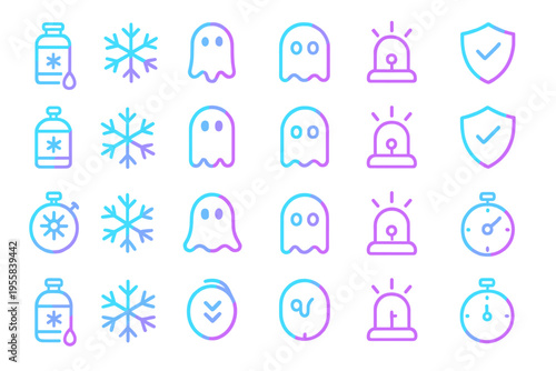 Collection of simple icons showing various symbols including ghosts, snowflakes, alarm clocks, and shields