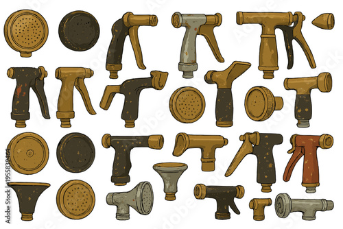 Different types of spray nozzles and hoses displayed on a white background for various uses and applications in everyday tasks