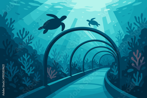 Swimming turtles move through an underwater tunnel surrounded by coral reefs in a clear ocean scene