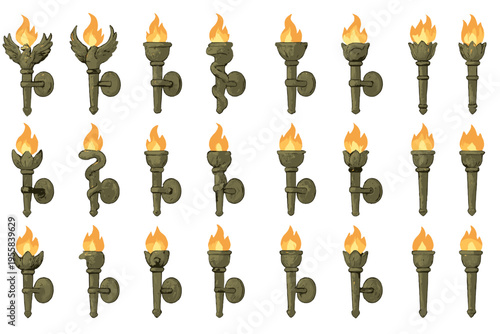Different designs of wall torches with flames in various styles and shapes displayed in a grid pattern