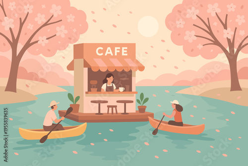 People paddle kayaks near a cafe by the river surrounded by cherry blossom trees during a sunny day