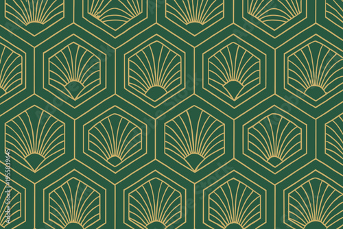 Pattern of hexagons with fan shapes in green and gold colors displayed on a flat surface