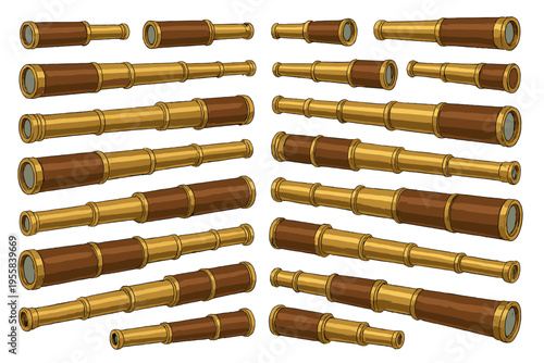 Many telescopes arranged in a pattern on a white background for display or decorative purposes