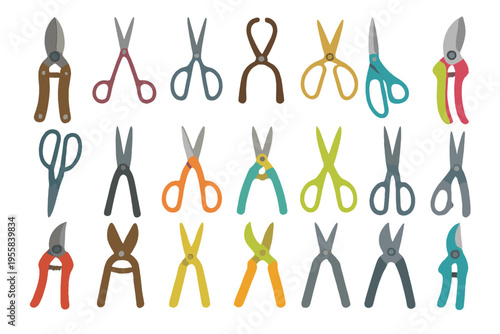 Different types of scissors arranged in a grid pattern showing various designs and colors for craft and gardening use