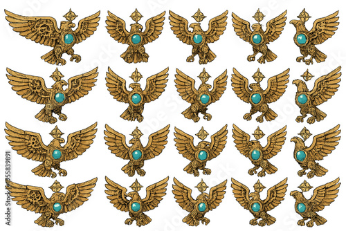 Different designs of eagle insignia with blue stones shown in a grid pattern on a plain background for a clear view of each symbol representation
