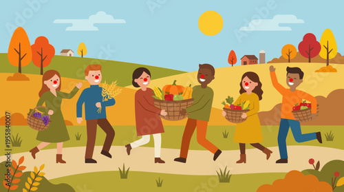 People walking with baskets outdoors.