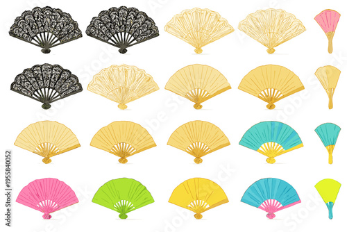 Different types of fans in various colors and styles displayed in a neat arrangement on a white background