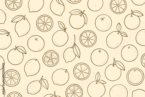 Fresh lemons and oranges in simple line drawings on a light background fill the space evenly throughout the picture