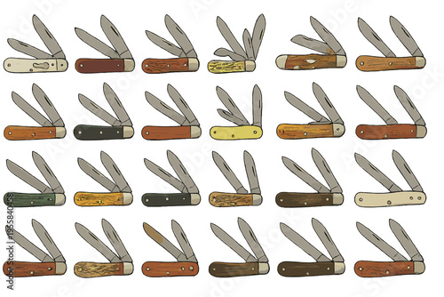 Collection of folding knives displayed on a plain background with different handle colors and blade types
