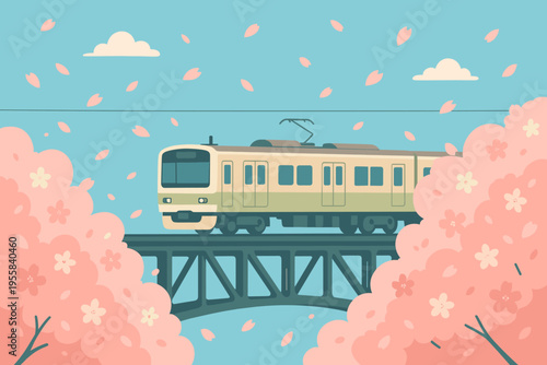 Train travels over a bridge surrounded by cherry blossom trees under a clear blue sky with fluffy clouds