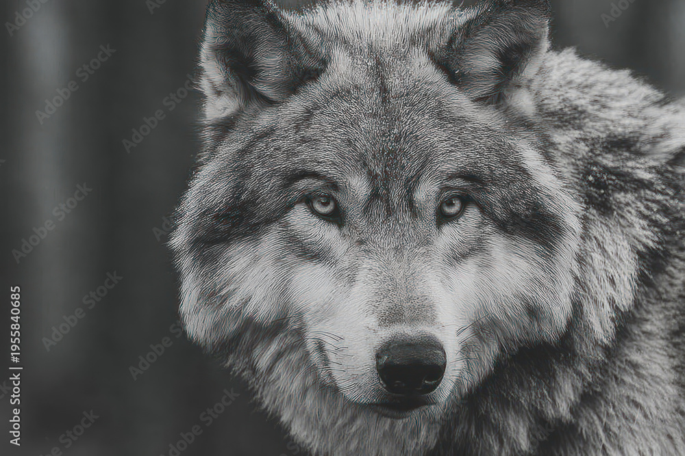 Fototapeta premium Black and white wolf portrait close-up in forest with intense gaze