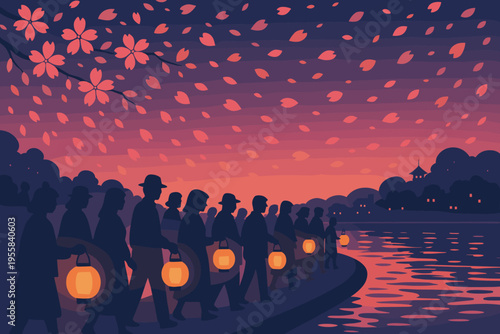 People walk along the river with lanterns during a cherry blossom event in the evening