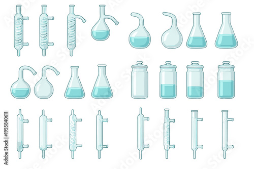 Different types of lab glassware are shown on a flat surface