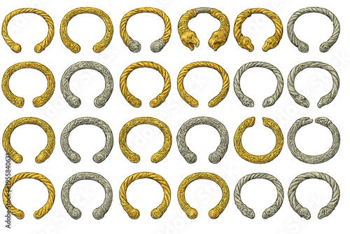 Different styles of circular metal objects are displayed in rows, showcasing various designs, colors, and textures typical of jewelry items
