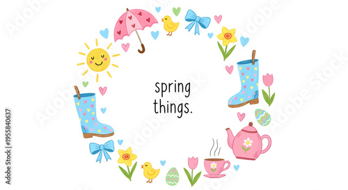 Springtime icons and symbols arranged in a circular frame with the text 'spring things' in the center