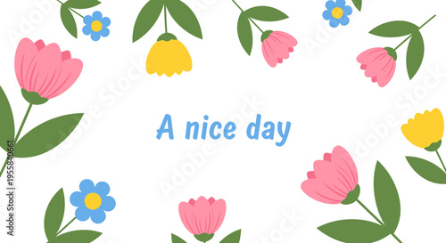 Bright and cheerful floral border design celebrating the beauty of nature and a pleasant day, ideal for invitations, greeting cards, or web decorations