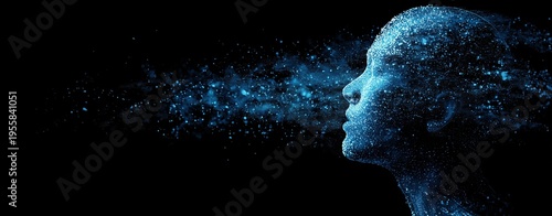 blue digital human head profile with grid particles flying around on a black background, an ai concept Generative AI