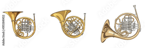 Fotografie French Horn Set Illustration Isolated on White Background, Brass Classical Music