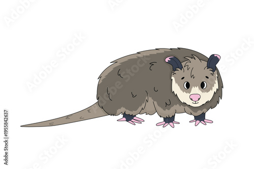 Cute cartoon opossum with fluffy fur isolated on white background vector art design. Hand drawn illustration
