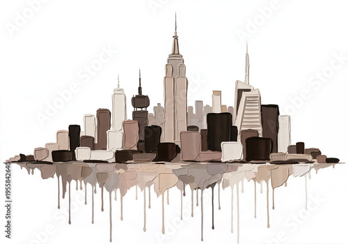Minimalist New York skyline abstract illustration with neutral paint drips