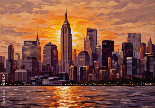 New York skyline sunset painting with warm reflections on water