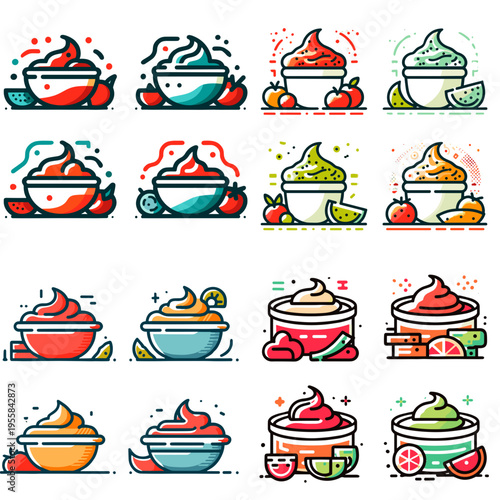 Colorful salsa dip illustrated in various bowls with ingredients  