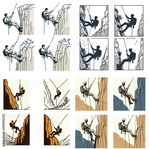 Man rappelling down cliff with gear in various illustrative styles  