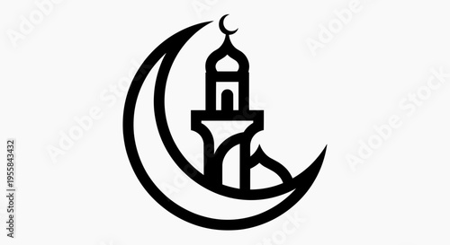 Islamic crescent moon and minaret logo, symbolizing faith and architecture, design element