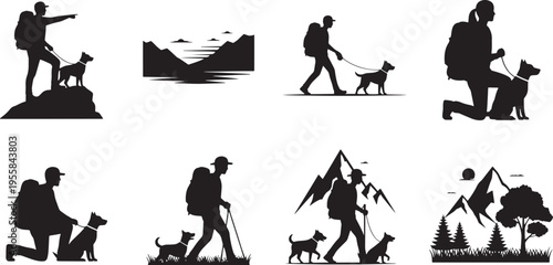Illustrative vector silhouettes showing hikers and their dogs on outdoor adventures, exploring mountains and natural trails. Emphasizing companionship and nature