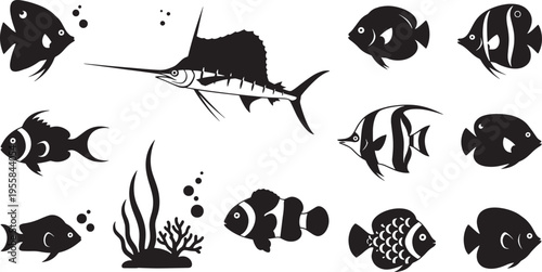 A comprehensive set of diverse black fish silhouettes and aquatic plants, perfect for educational materials, decorative designs, or marine life graphic projects