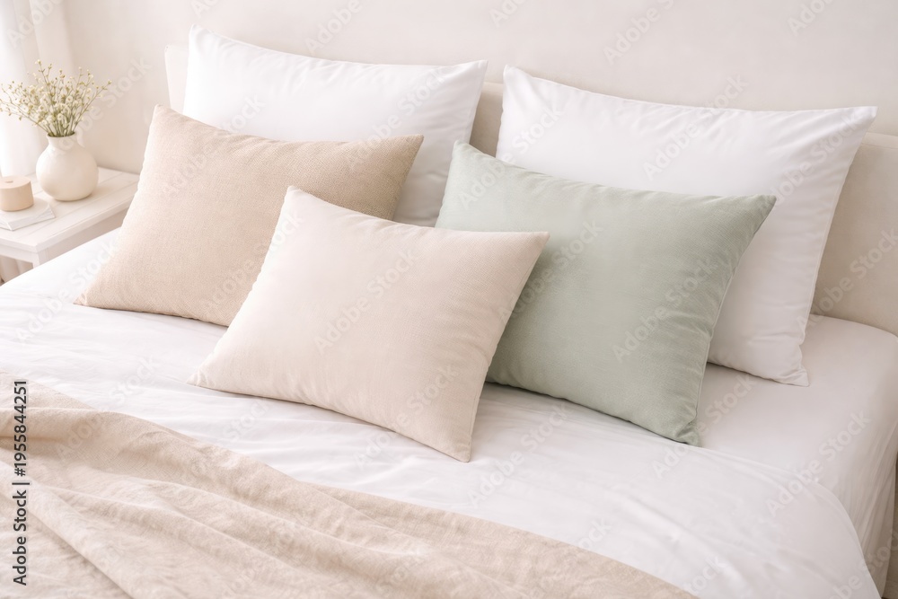 Obraz premium Minimalist bedroom interior with soft neutral pillows and cozy bedding arrangement